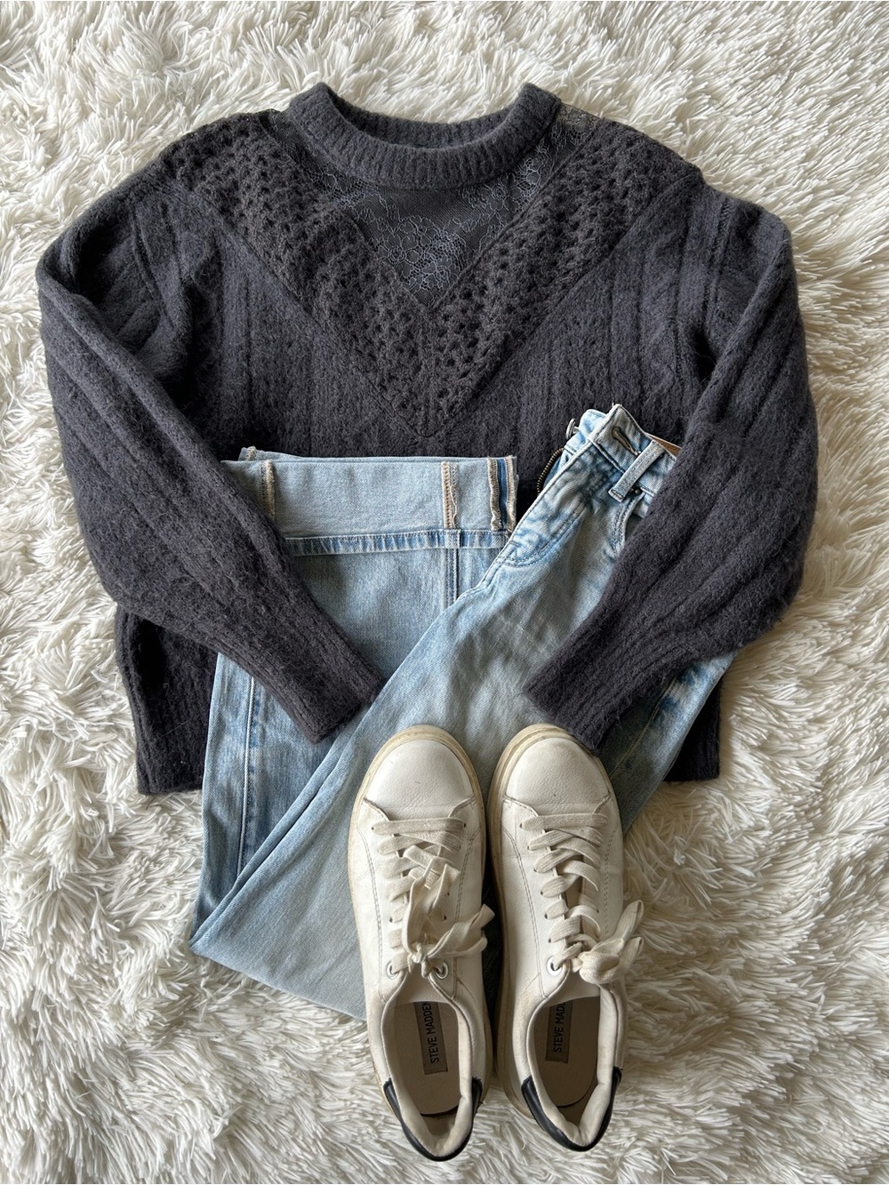 Express | Dark Charcoal Lace-Panel Crewneck Sweater